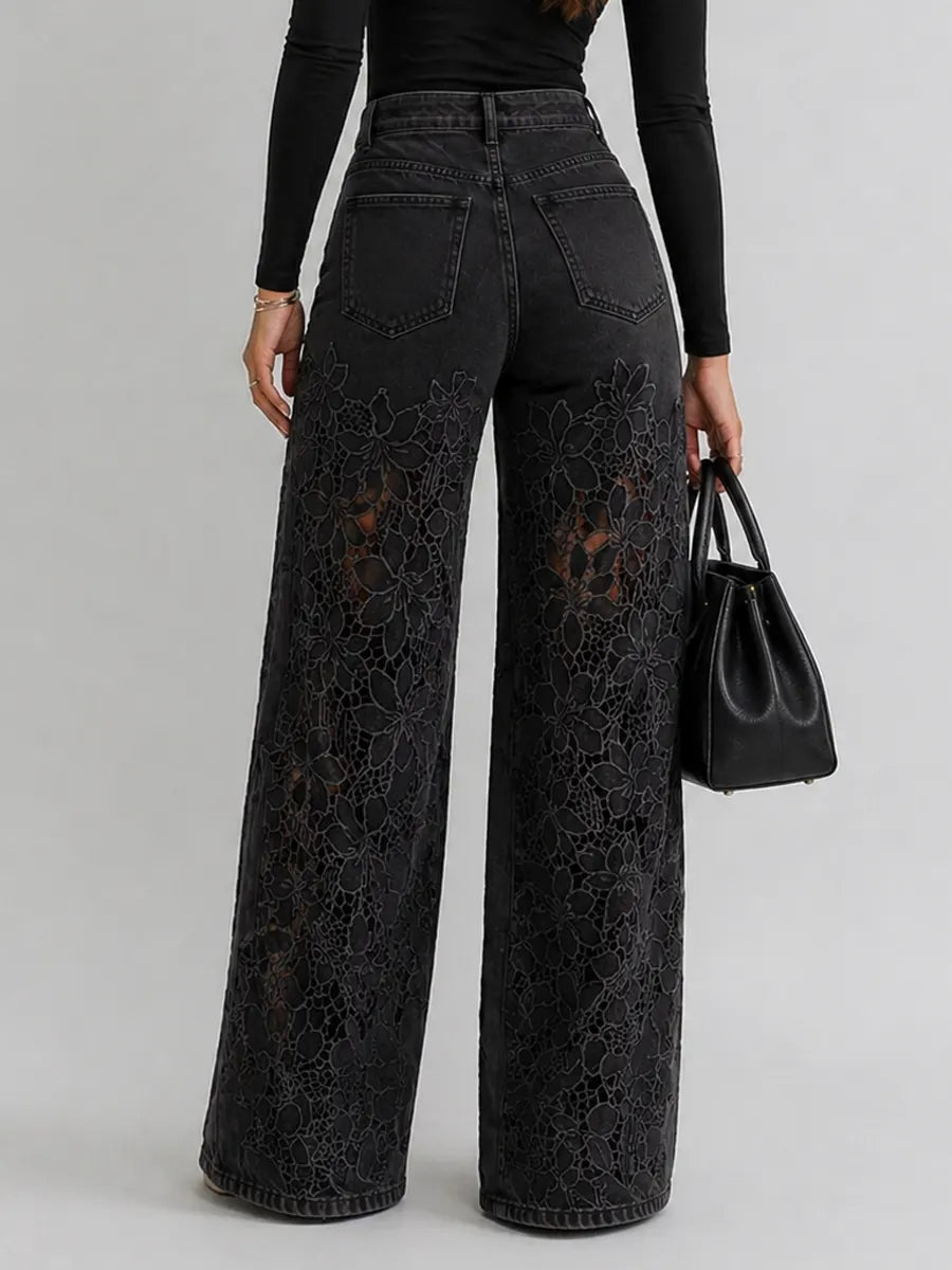 Lace Cut-out Wide-leg Denim Jeans