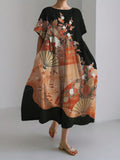 Fans & Cherry Blossom Floral Japanese Art Linen Blend Maxi Dress