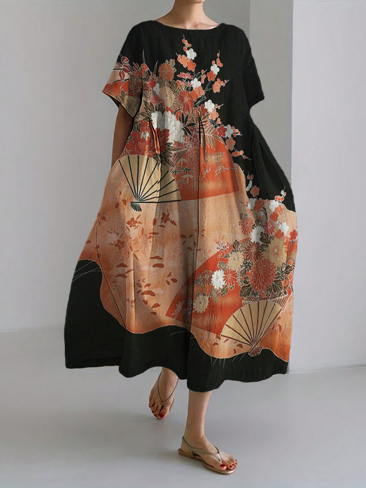 Fans & Cherry Blossom Floral Japanese Art Linen Blend Maxi Dress