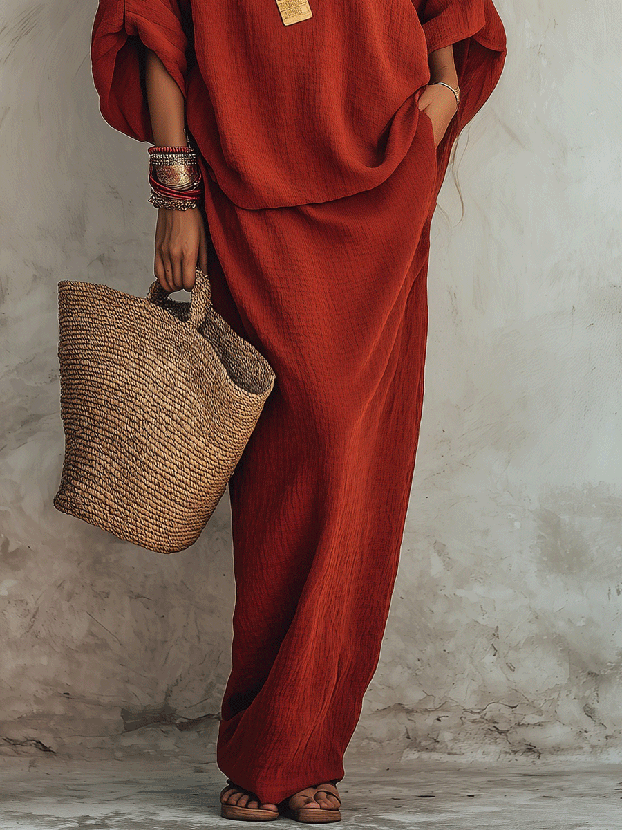 Effortless Boho Cotton-Linen Batwing Drop-Waist Rust Two-Piece Set