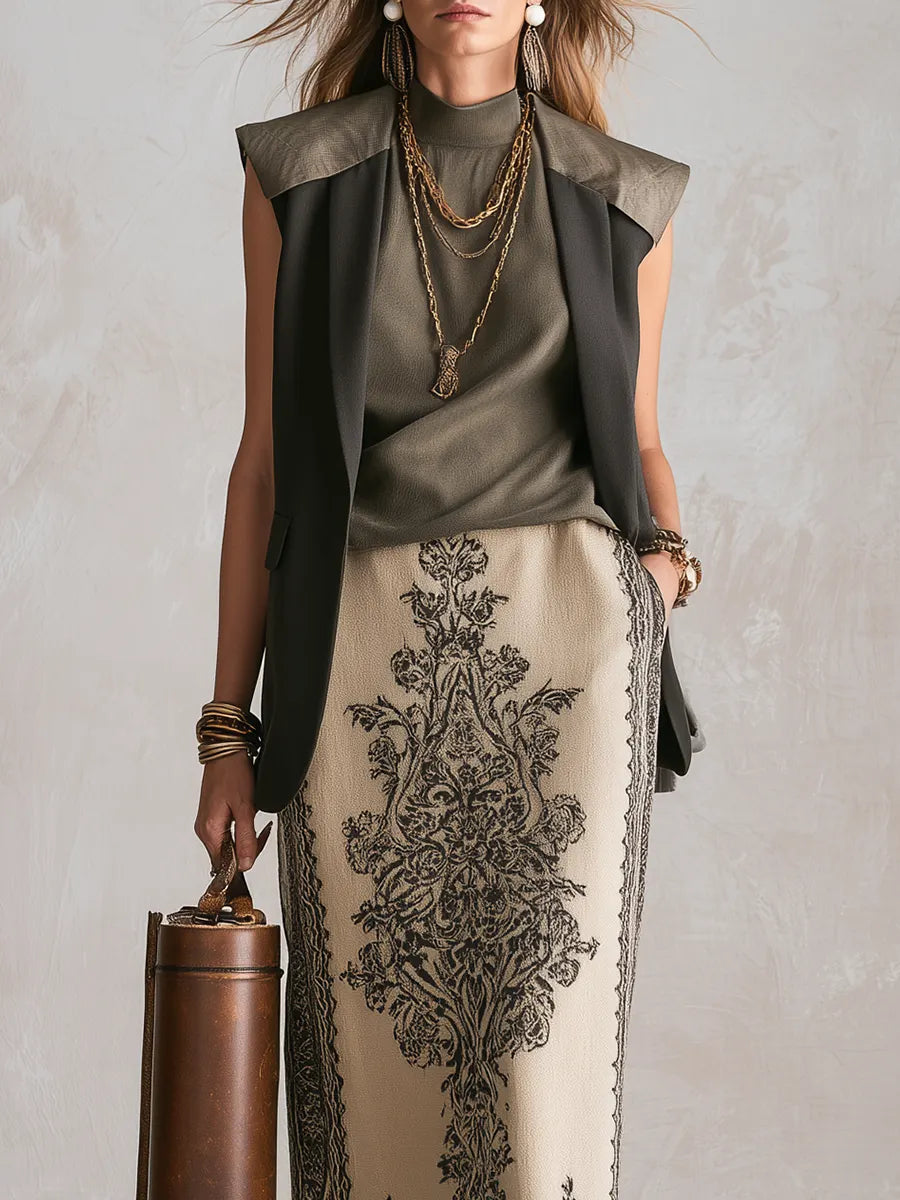 Bohemian Olive Green Sleeveless Vest And Skirt Set