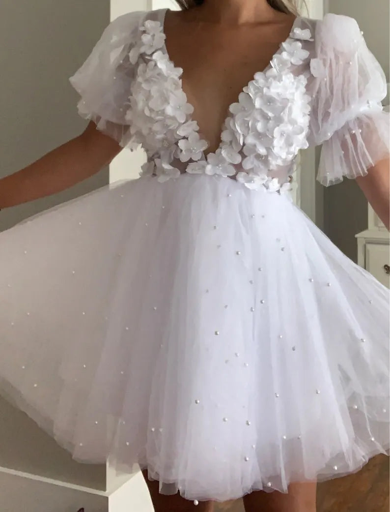 Short Wedding Dress V-Neck Half Sleeves Pearls Flowers Mini Bride