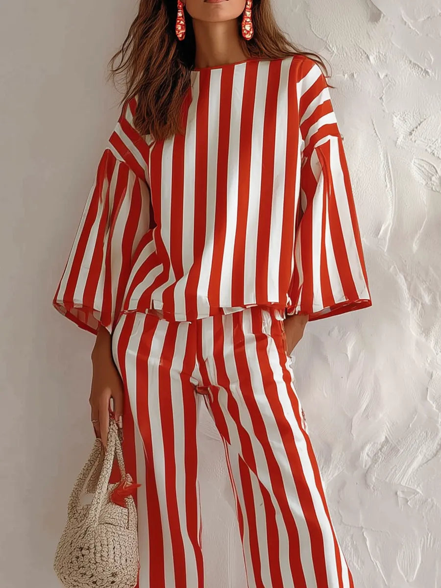 Relaxed Red White Striped Two Piece Set