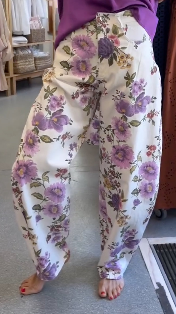 V‑Neck Dolman Sleeve Top & Floral Print Wide Leg Pants  Set