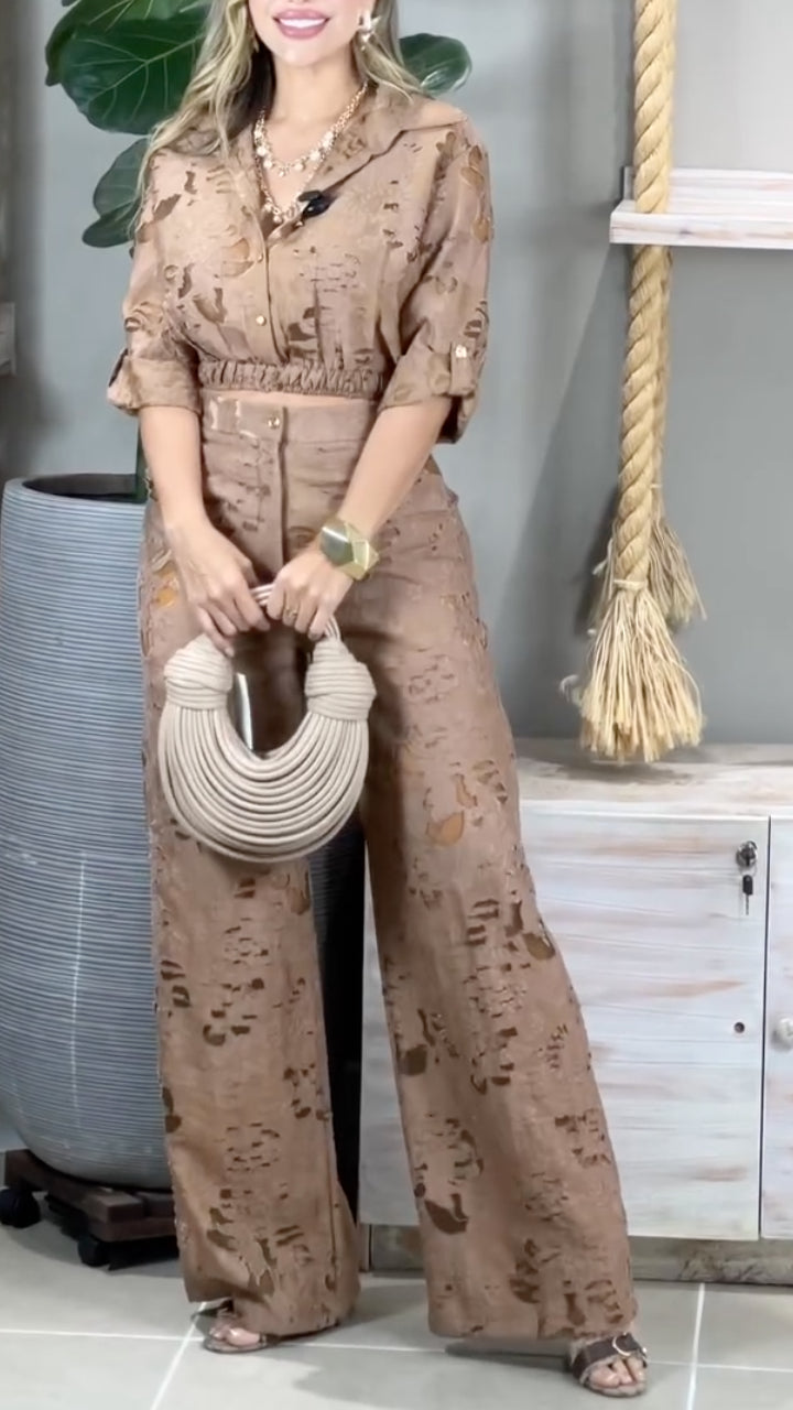 Cutwork Lace Crop Shirt & Wide‑Leg Pants Co‑Ord Set