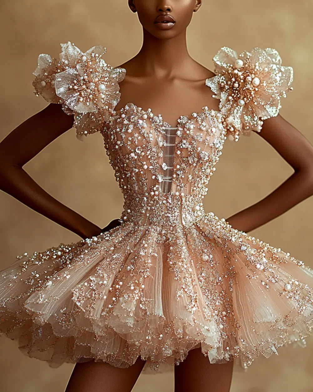 Luxurious Glitter Embroidery Sequin Pearl Rhinestone Mini Dress