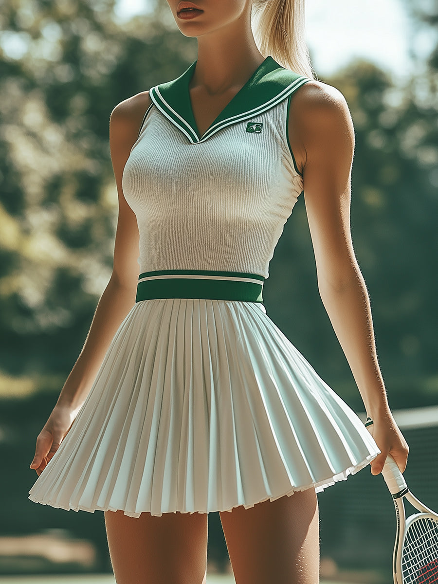 [24-hour shipping out]Fashionable Preppy Style White And Green Contrast Striped Sleeveless Mini Dress