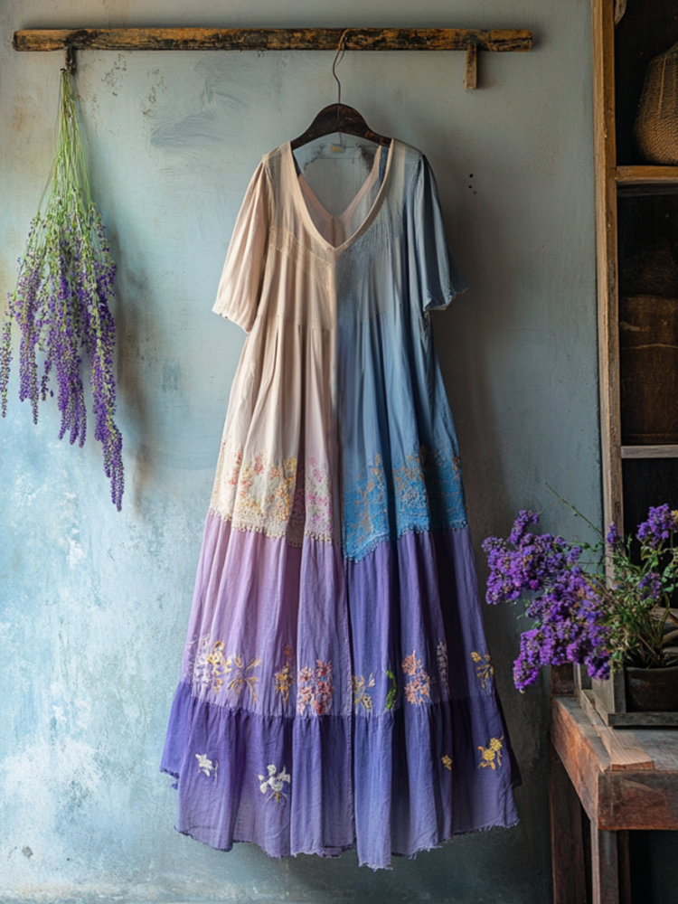 Vintage Lavender Patchwork Art Linen V Neck Midi Dress