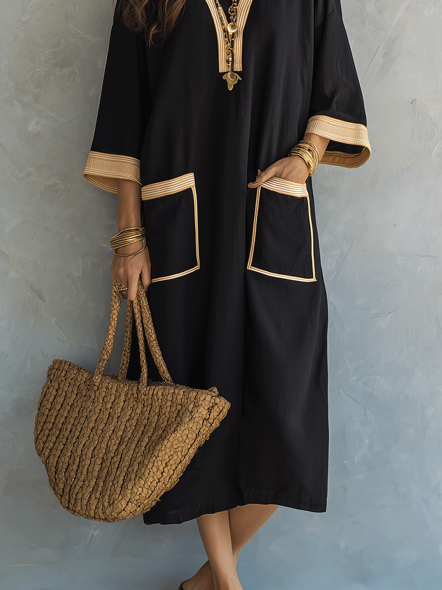 Effortless Coastal Elegance Black Tunic Pocket Detail Kaftan Midi Dress