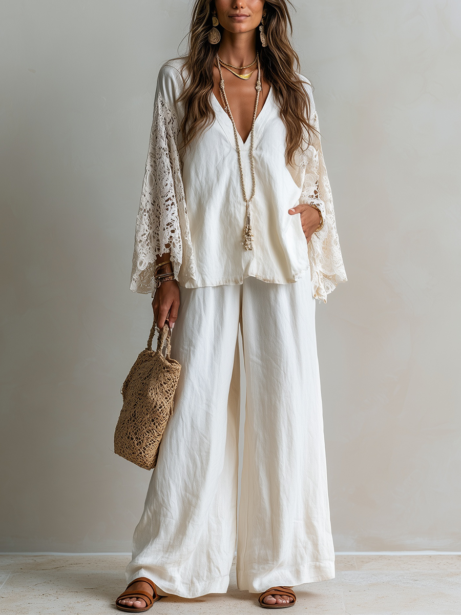 Bohemian White Lace Sleeved Linen Top And Trousers Suit