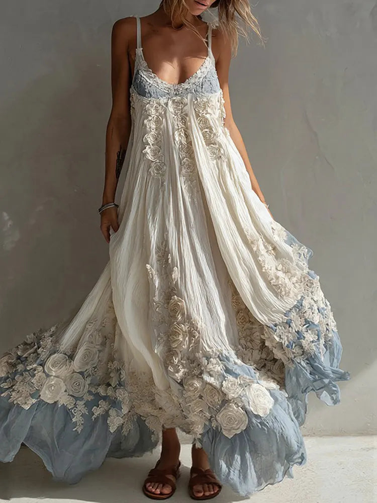 Women's White Rose Embroidered Gradient Casual Sleeveless Dress