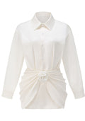 Long Sleeve Draped Floral Shirt Dress White