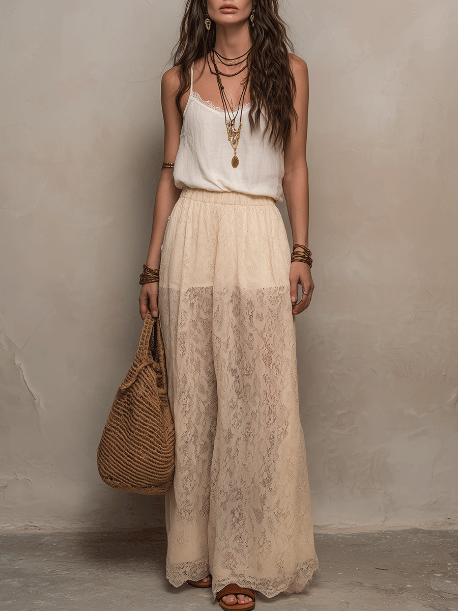 Elegant Vintage-Inspired Vacation Pearl Ivory Top And Skirt Set