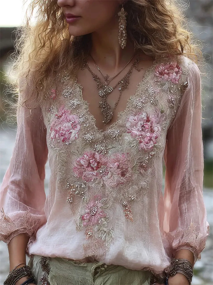 Boho Pink Floral Beaded Lace Flowy Linen Tunic