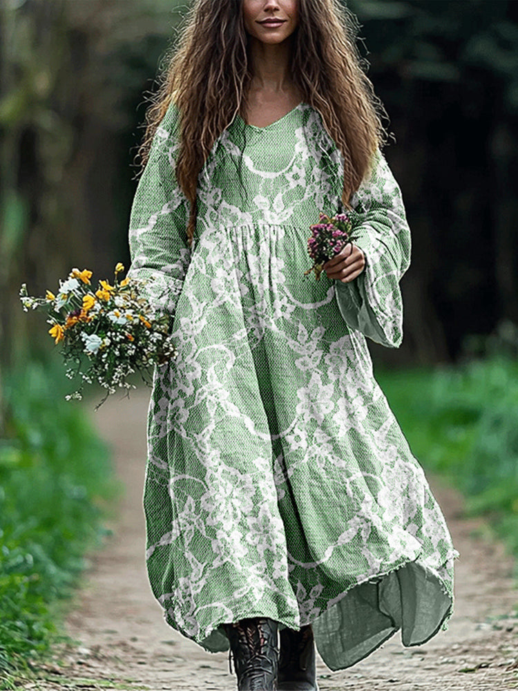 Vintage Floral Lace Linen Blend Flowy Maxi Dress