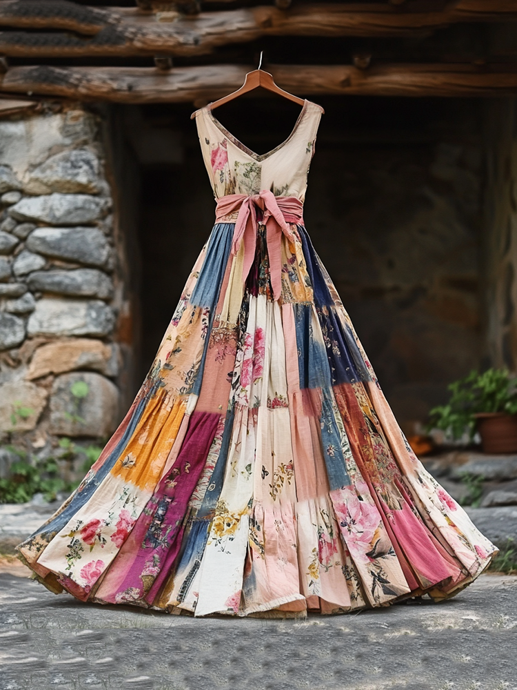 Women's Vintage Floral Applique Art Sleeveless Dress