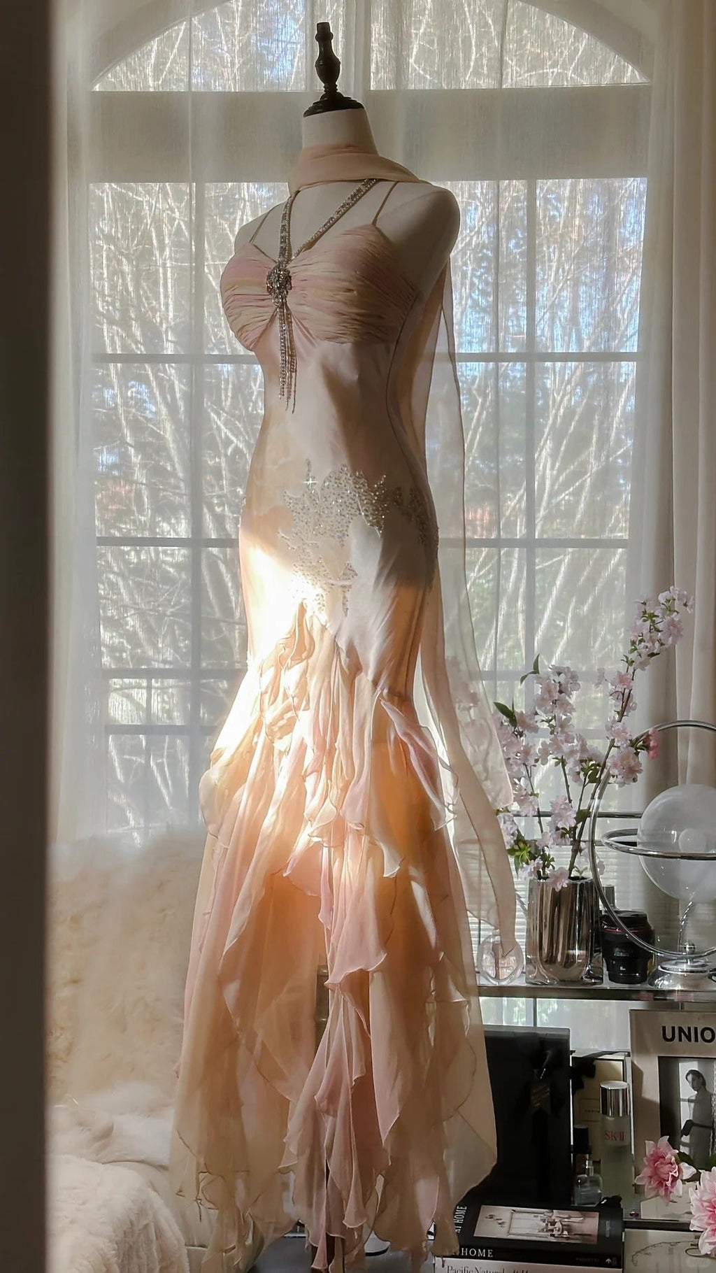 Lit Pink Gorgeous Exquisite Beading Spaetti Strap Long Chiffon Satin Ball Gown Evening Dress Birthday/Holiday Party Dress Prom Dress 4064