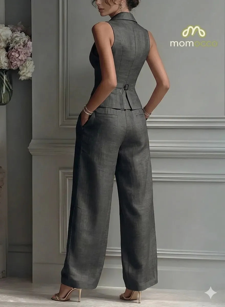 Women's Elegant Tailored Vest & Wide-Leg Pants Set - 2 Piece Chic Power Suit for Office & Leisure