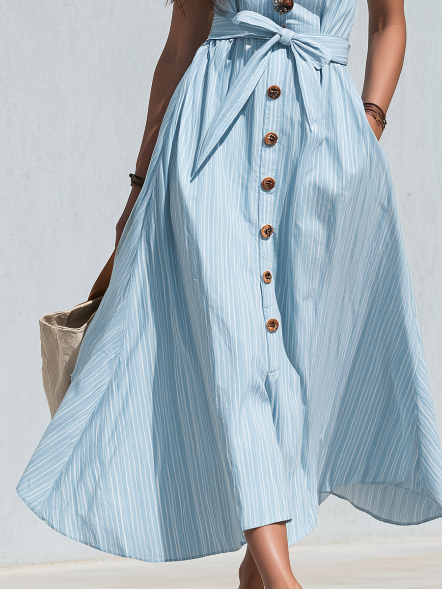 Elegant Light Blue Button Front Belted Midi Dress