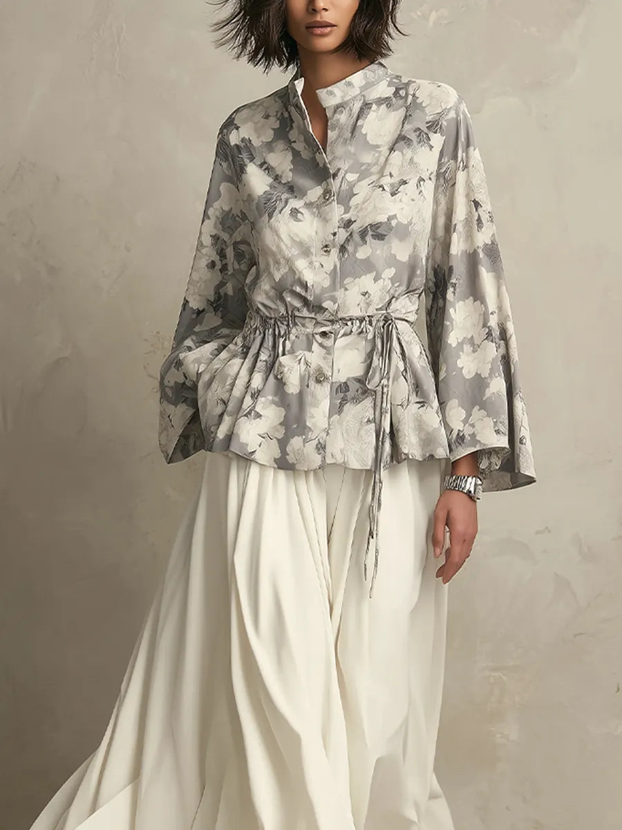 Bohemian Gray Floral Print Top And Long Skirt Set