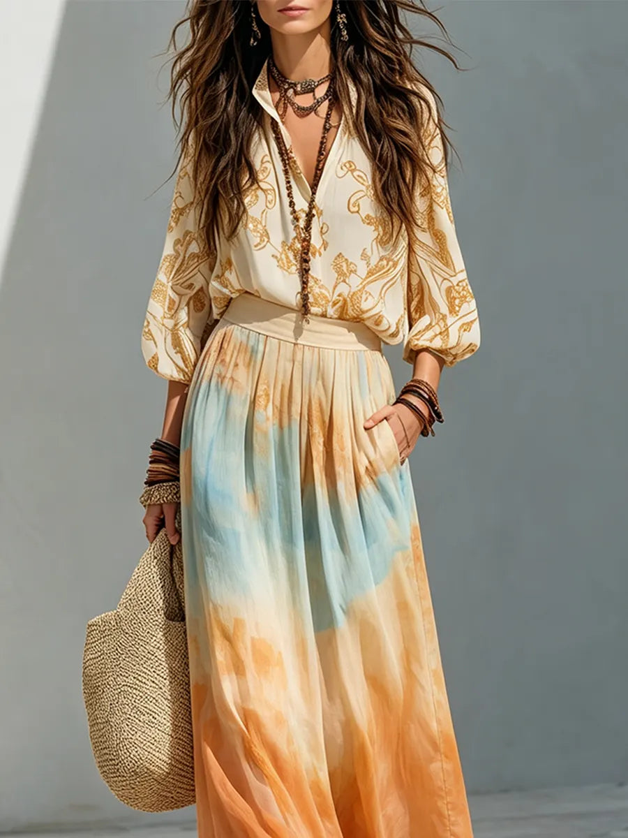 Boho Balloon Sleeve Shirt And Watercolor Maxi Skirt Outfit
