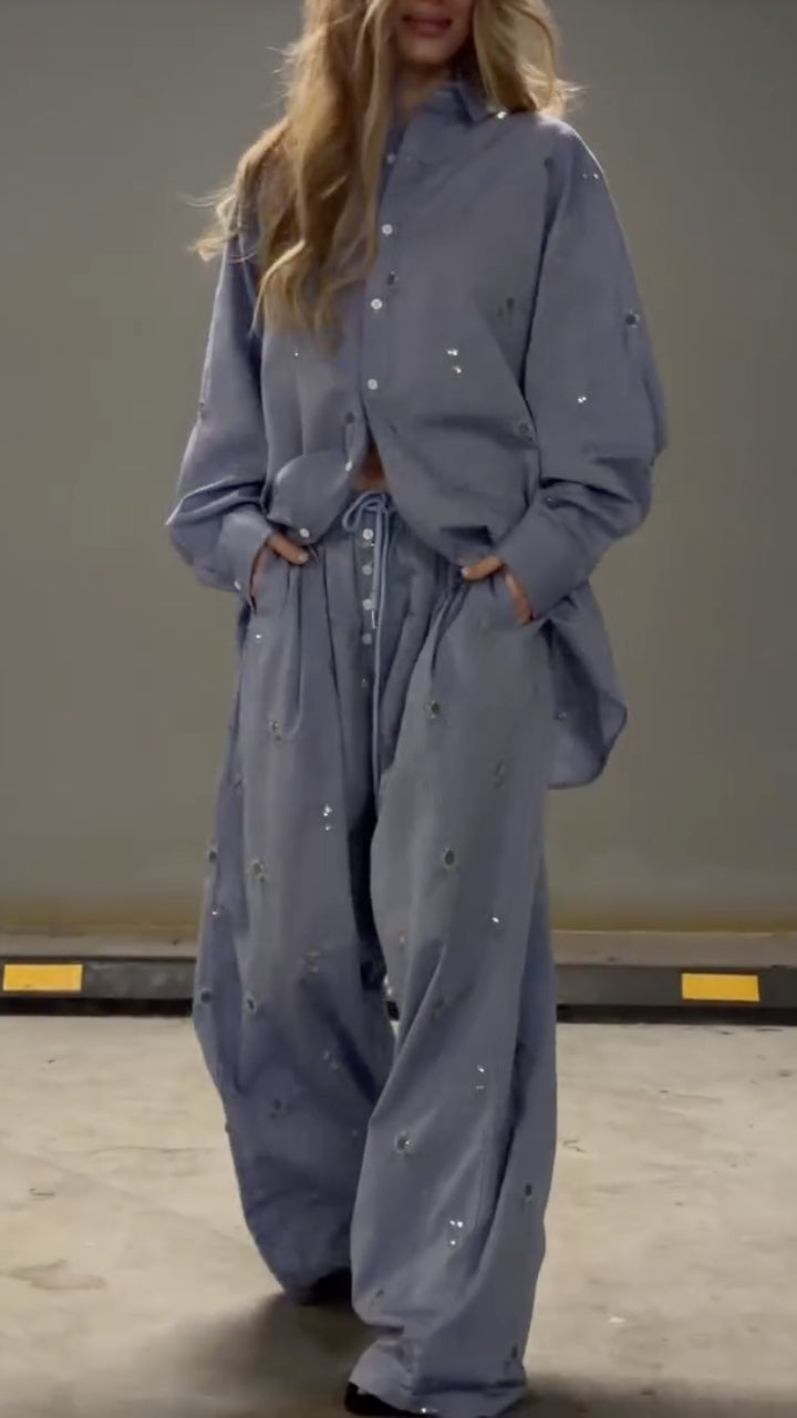 Sequin Oversized Shirt & Drawstring Wide Leg Pants Co‐Ord Set