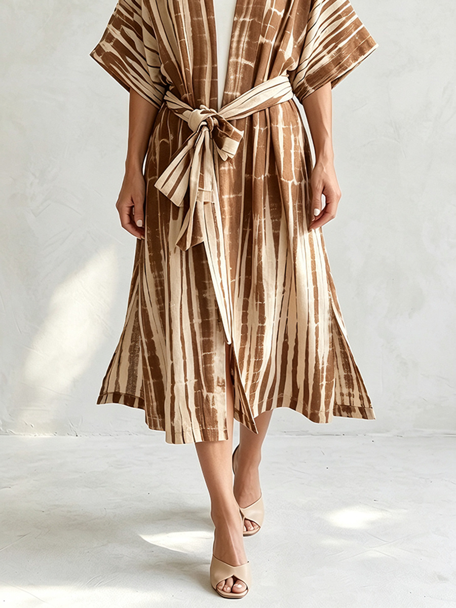 Tie-Dye Stripe Open Front Belted Kimono Cardigan