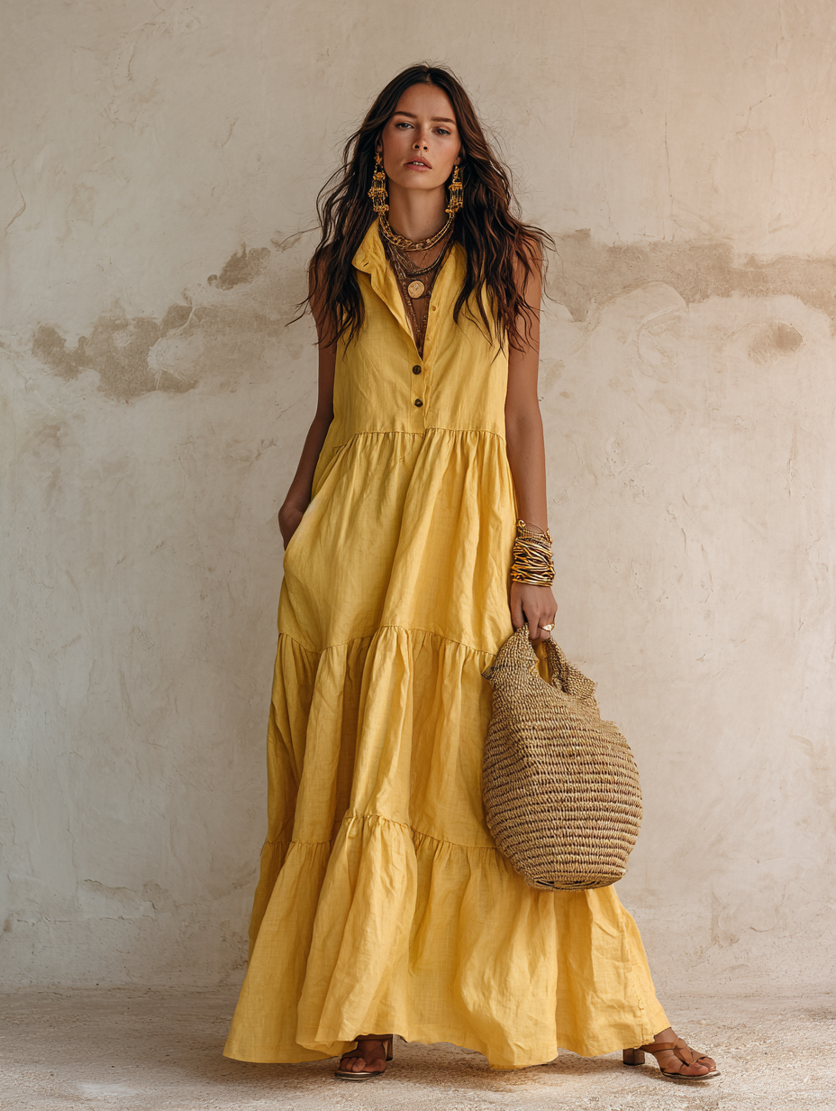 Effortless Resort Linen Collared Button-Front Tiered Ginger Maxi Dress