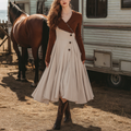 Women's Retro Western Style Contrast Color Stitching V-Neck Long Sleeve Dress