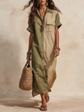 Effortless Coastal Elegance Olive & Sand Patchwork Button-Front Maxi Dress