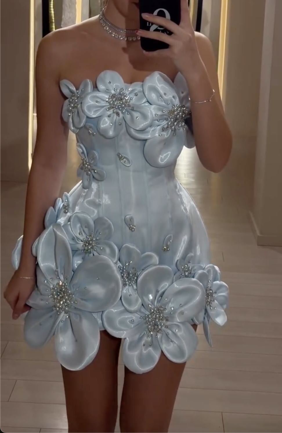 Blue/Pink/White 3D Floral Strapless Mini Dress with Crystal Embellishments