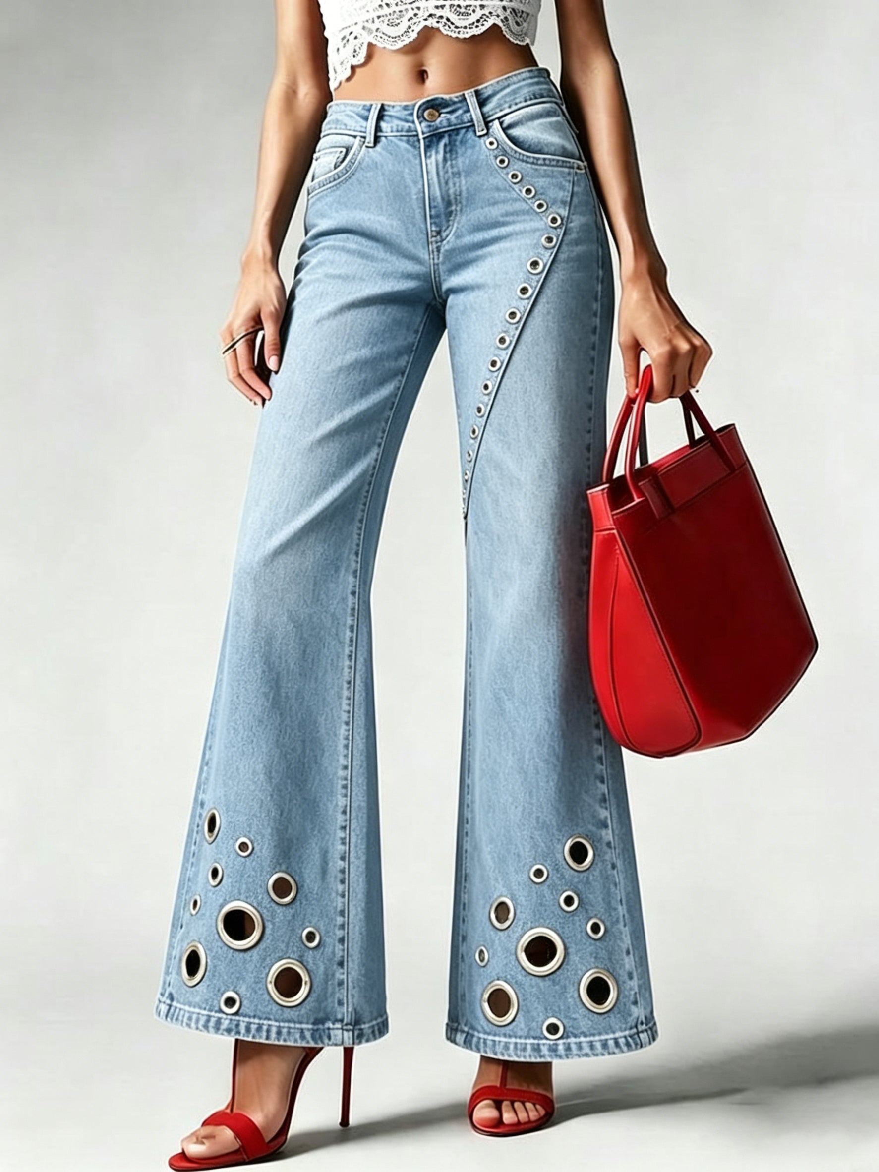 High-waisted Flared Jeans With Metal Ring Detail