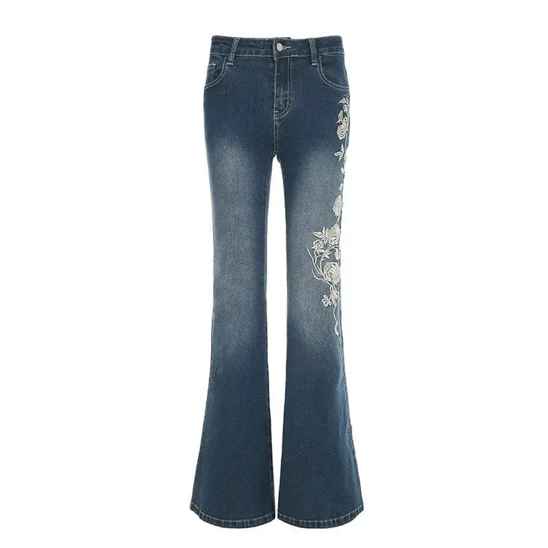 Vintage Bohemian Rose Embroidered Washed Flared Jeans