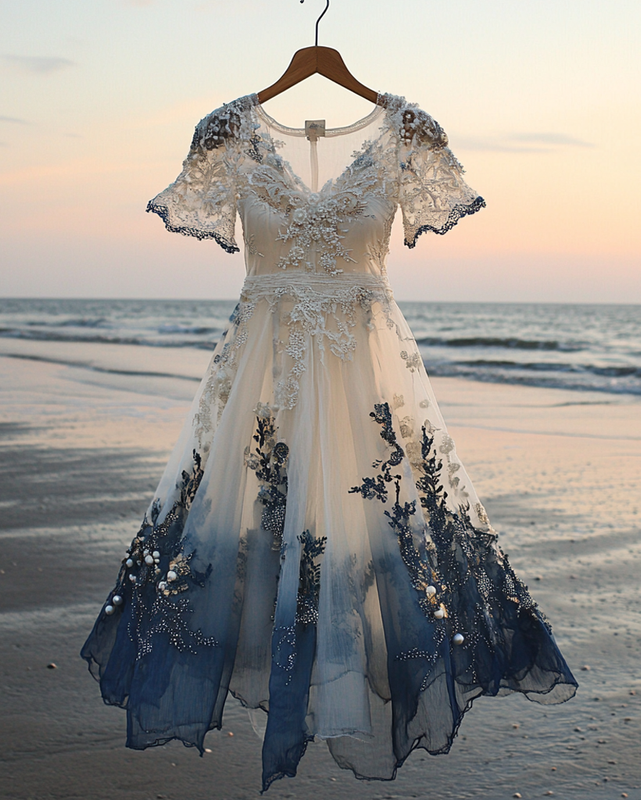 Summer Vacation Bohemian Hand Embroidered Lace Chiffon Dress a435