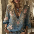 Women's Bohemian Rose Embroidered Linen V-neck Shirt