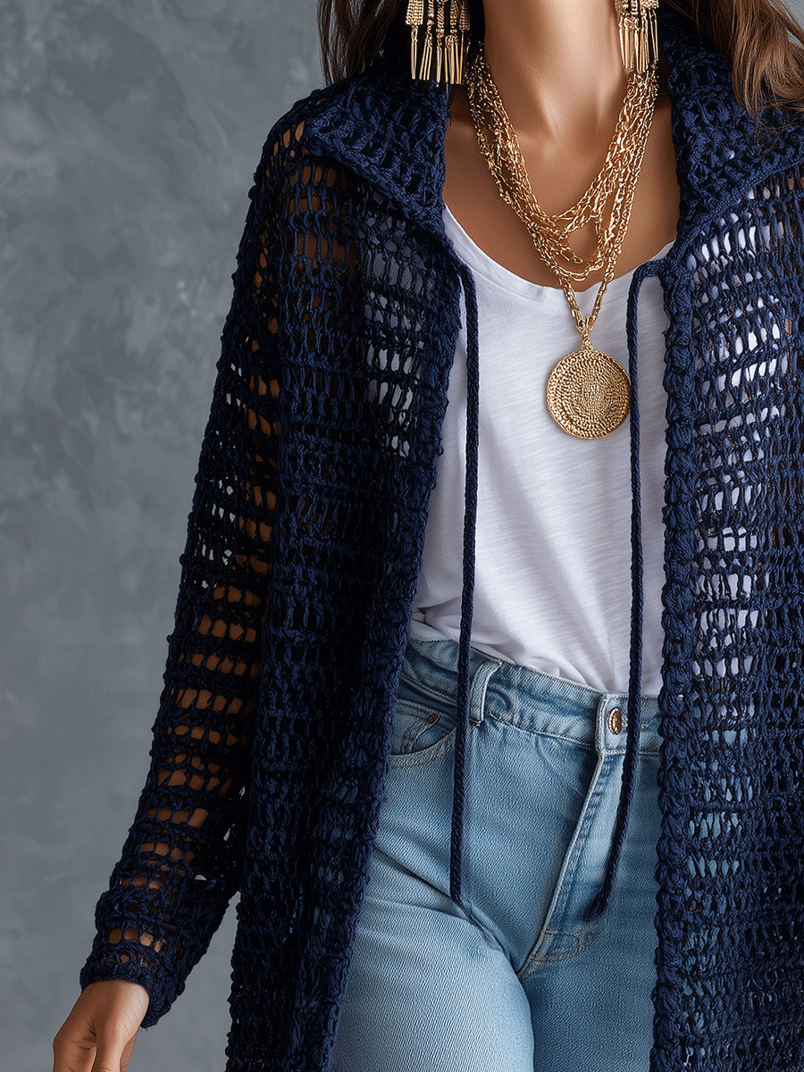 Coastal Boho Open-Knit Long-Sleeve Hollow-Out Dark Blue Duster Cardigan