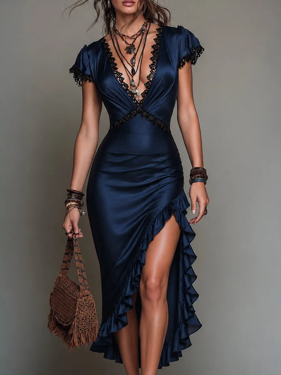 Elegant Lace-Trimmed Ruffled-Hem Satin Midi Dress