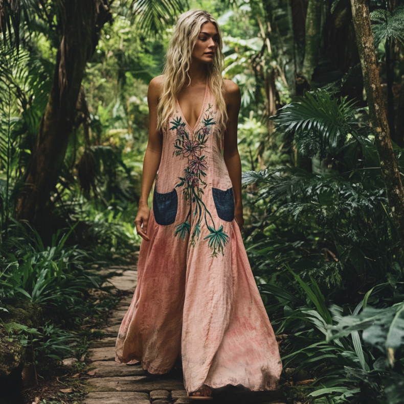 Bohemian Floral Embroidery Sleeveless  Cozy Linen Maxi Dress