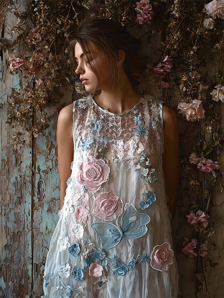 Trans Flag Color Inspired Lace Floral Linen Midi Dress