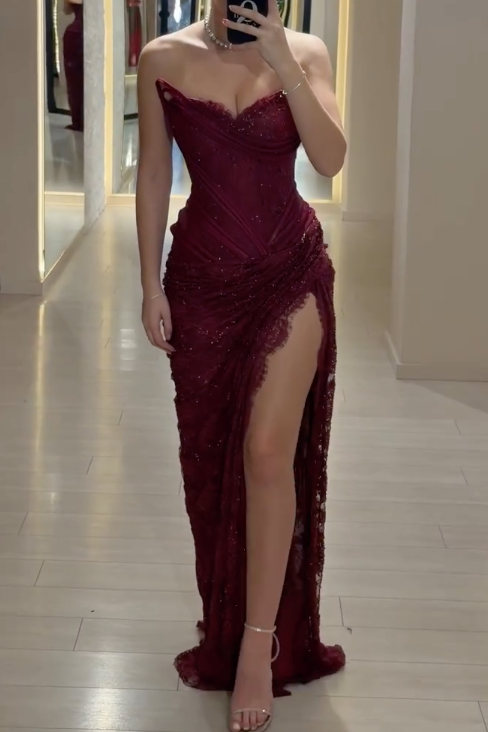 Burgundy/Red/Pink Lace One-Shoulder Maxi Dress