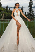 P3052 - Romantic High Neck High Split Sleeveless A-Line  Bohemian Wedding Dress