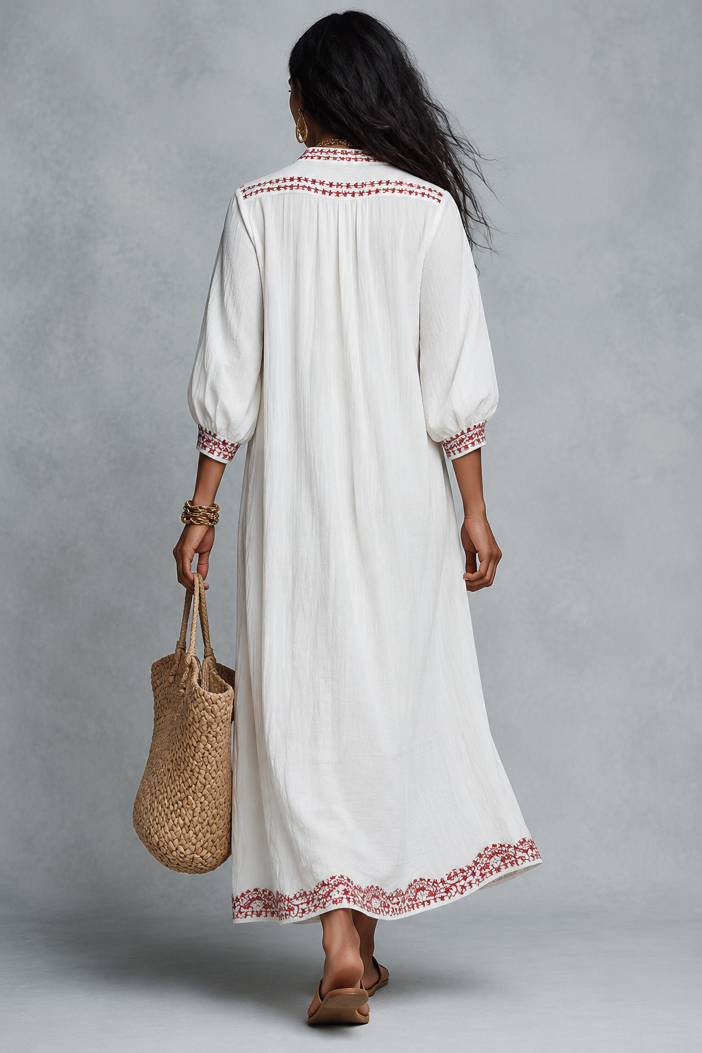 Ethnic Folk Cotton-Linen Embroidered V-Neck Ivory Kaftan Maxi Dress