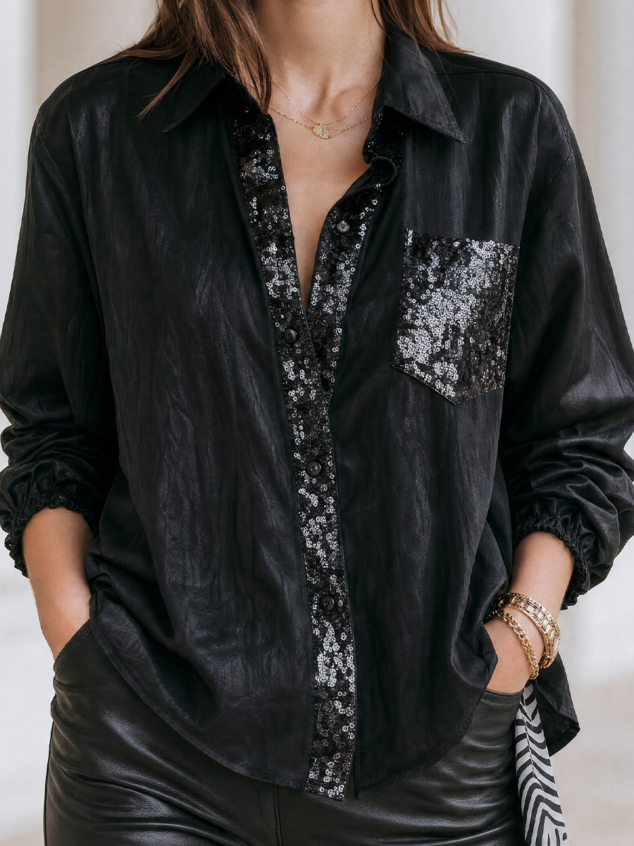 Effortless Evening Shiny Oversized Collared Shirt Top