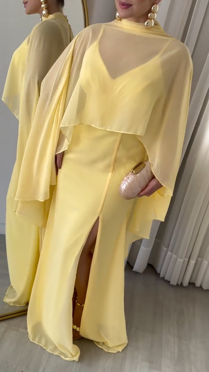 Sheer Shawl With Slit Strap Maxi Dress Set