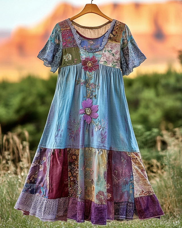 Summer Vintage Floral Lace Patchwork Dress d49b