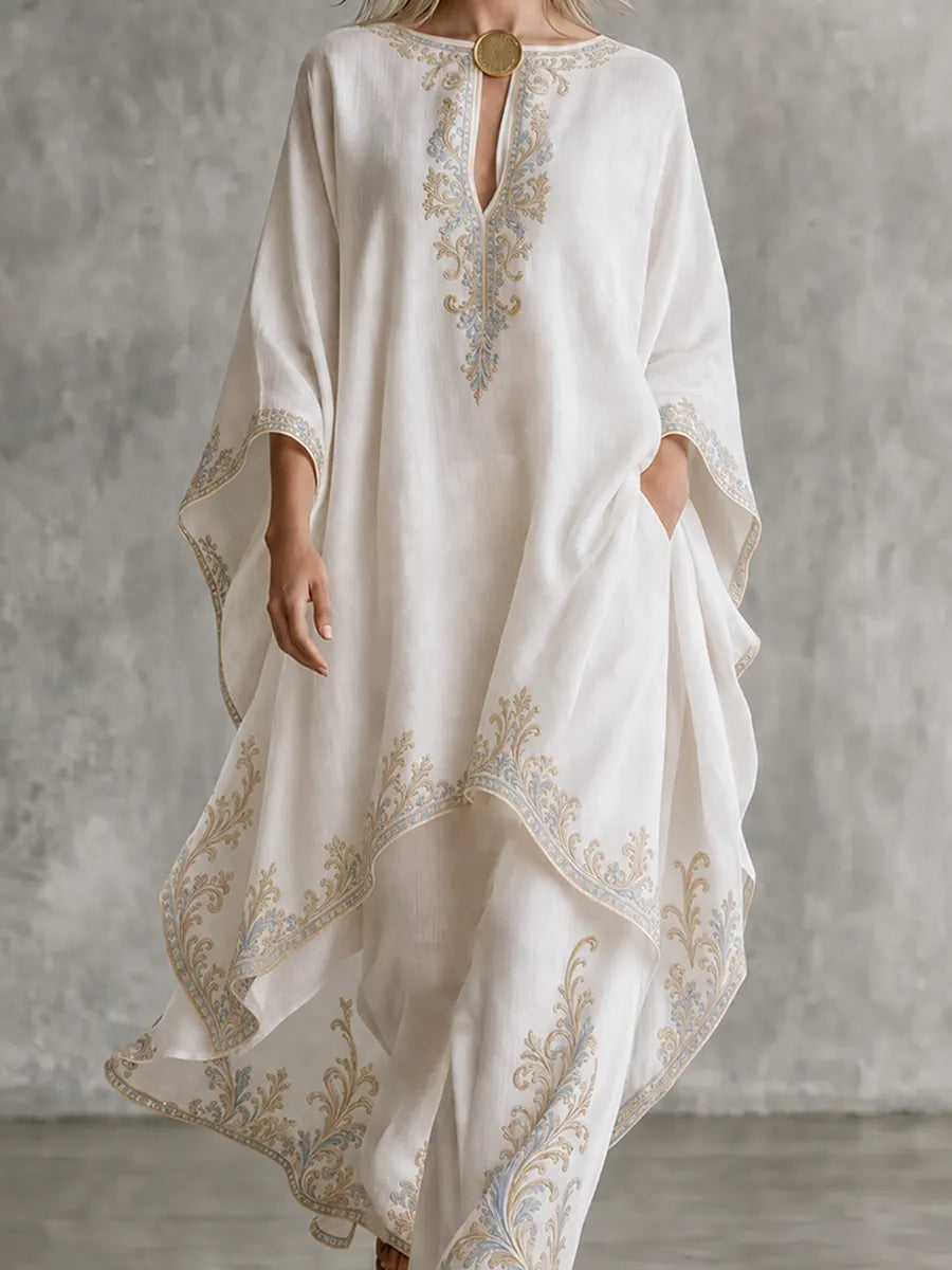 Resort Luxe Embroidered Kaftan Top & Wide Leg Pants Set