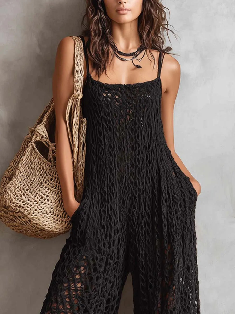 Retro Square Neckline Openwork Knit Jumpsuit