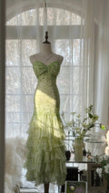 Green Romantic Fashion Elegant Exquisite Beaded Spaetti Straps Tassel Long Tulle Chiffon Ruffle Ball Gown Evening Gown Party Dress 4055