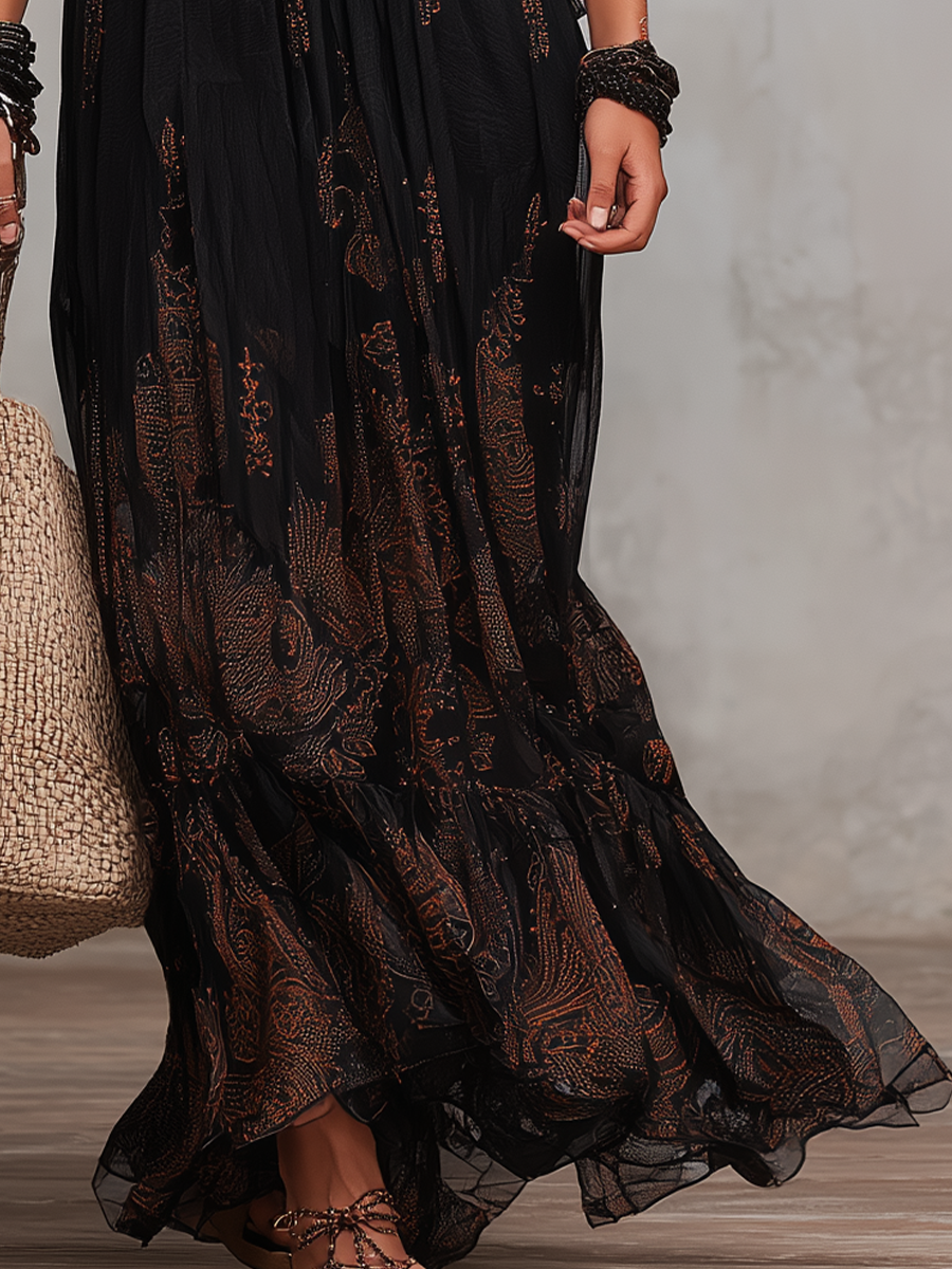 Romantic Black Printed Chiffon Maxi Dress
