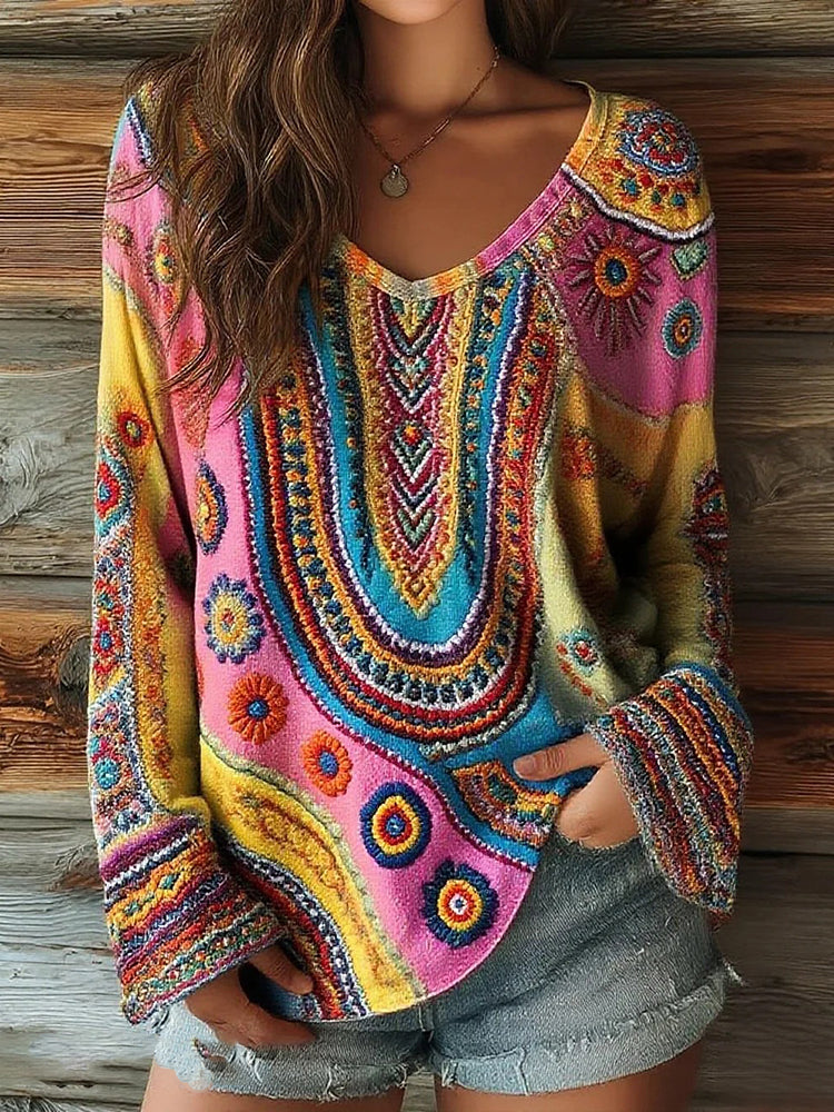 Women's Floral Art Print Casual V-neck Long Sleeve Top